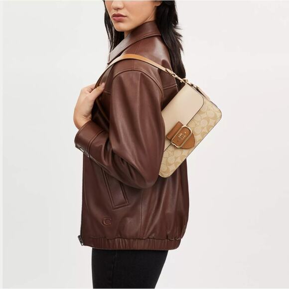 Coach Morgan Shoulder Crossbody Bag Blocked Signature Canvas In Khaki NWT CR332 - Picture 5 of 12